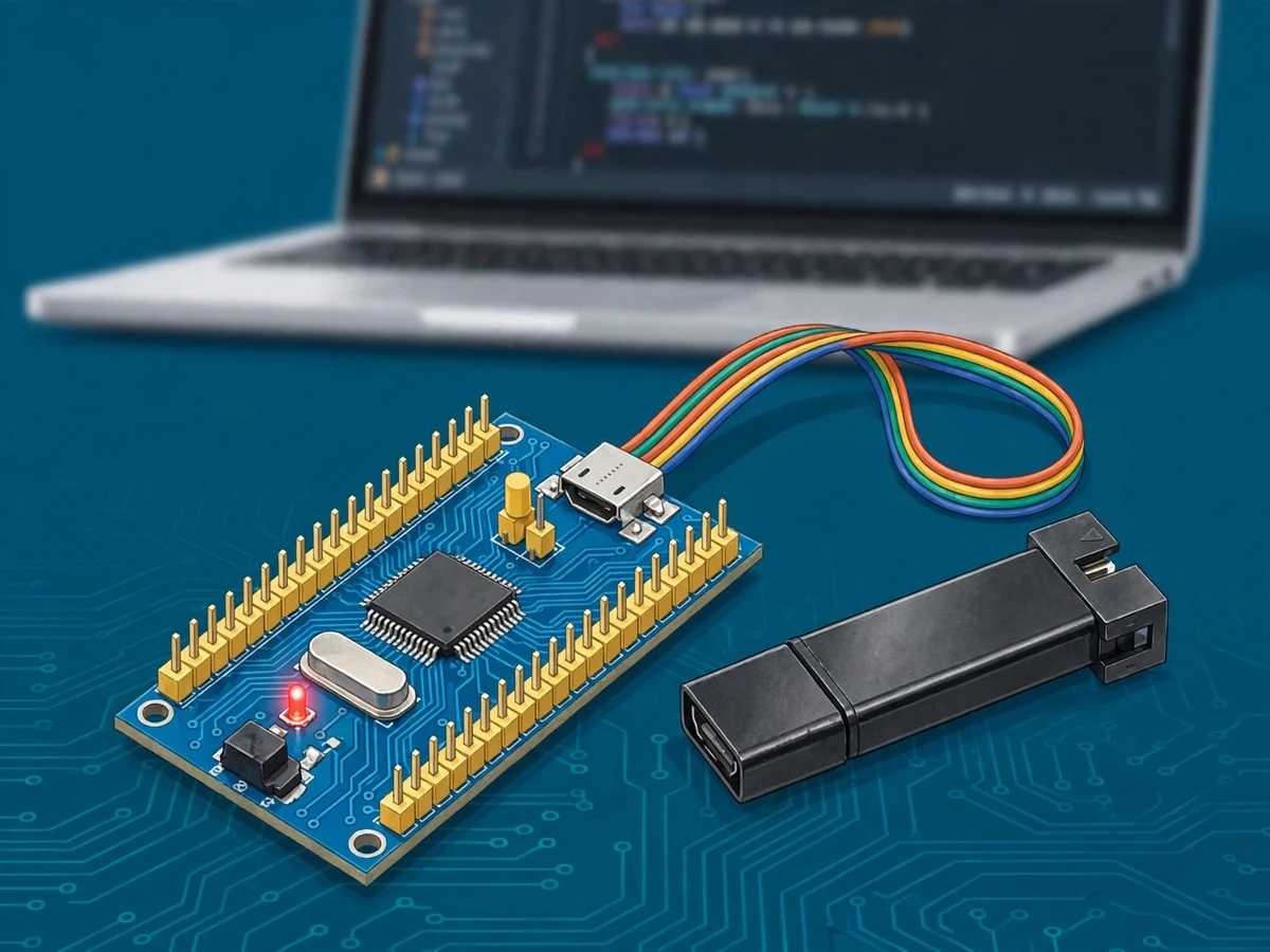 Illustration of an STM32 Blue Pill development board with an ST-Link debugger probe and a laptop showing a code editor, on an engineering-themed background.