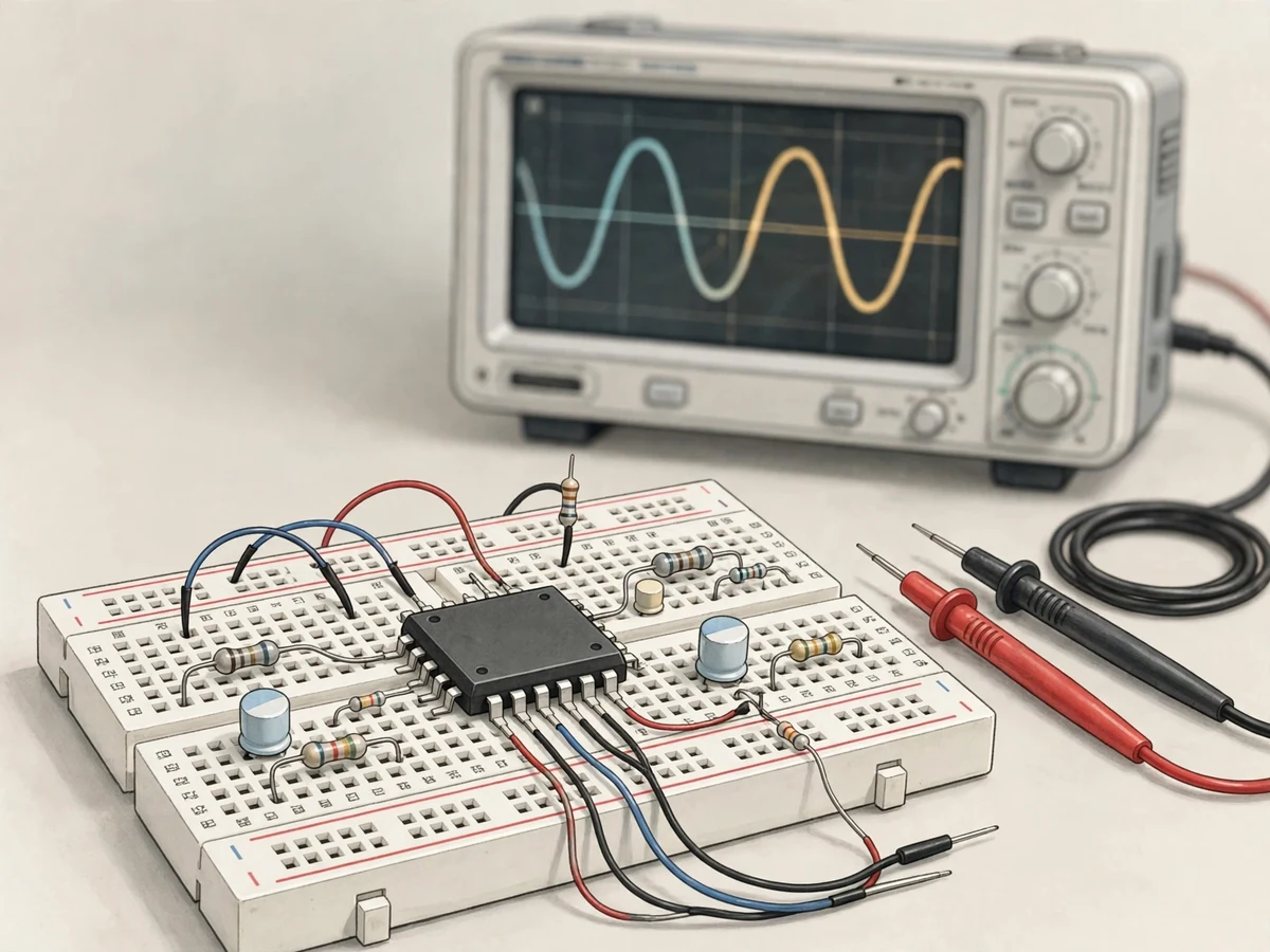 Illustration of an LM358 op-amp chip on a breadboard with resistors, an oscilloscope showing amplified waveforms, and multimeter probes.