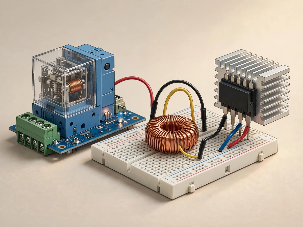 Illustration of an electromagnetic relay module beside a power MOSFET with heatsink on a breadboard, showing the two switching options.