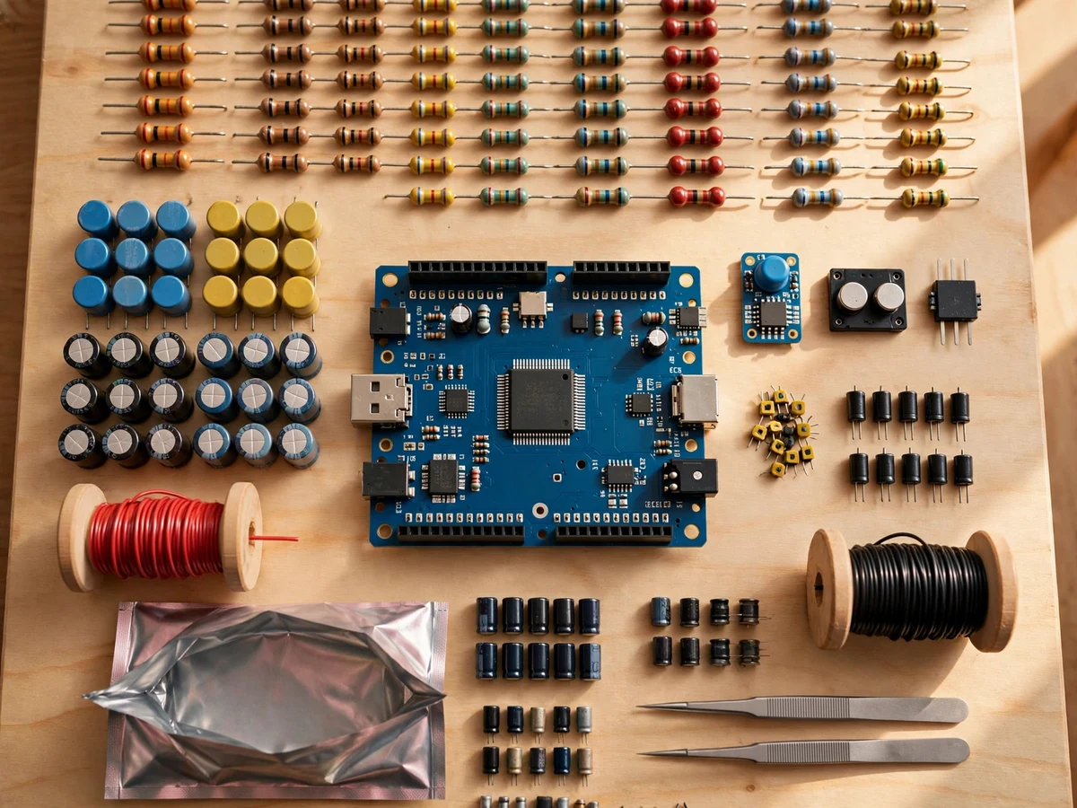 Illustration of assorted electronic components - resistors, capacitors, a microcontroller board, wire spools and tweezers - arranged on a table.