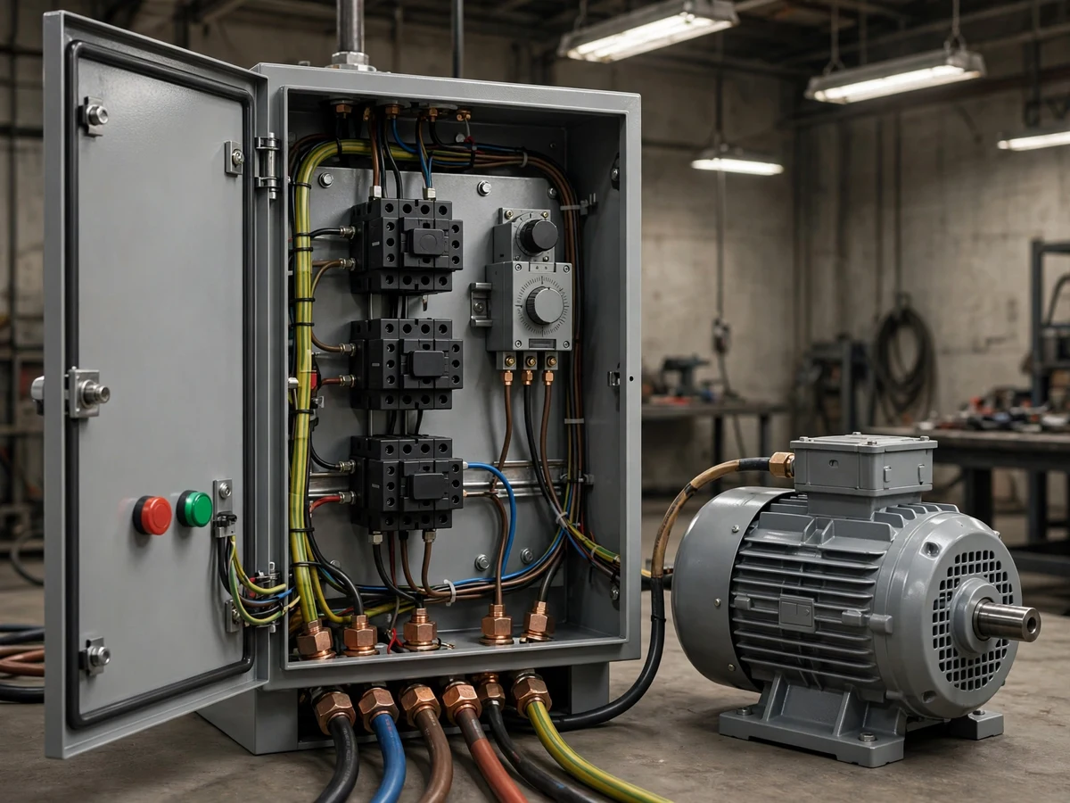 Illustration of an open industrial motor starter panel with three contactors, start-stop push buttons and an overload relay beside an induction motor.