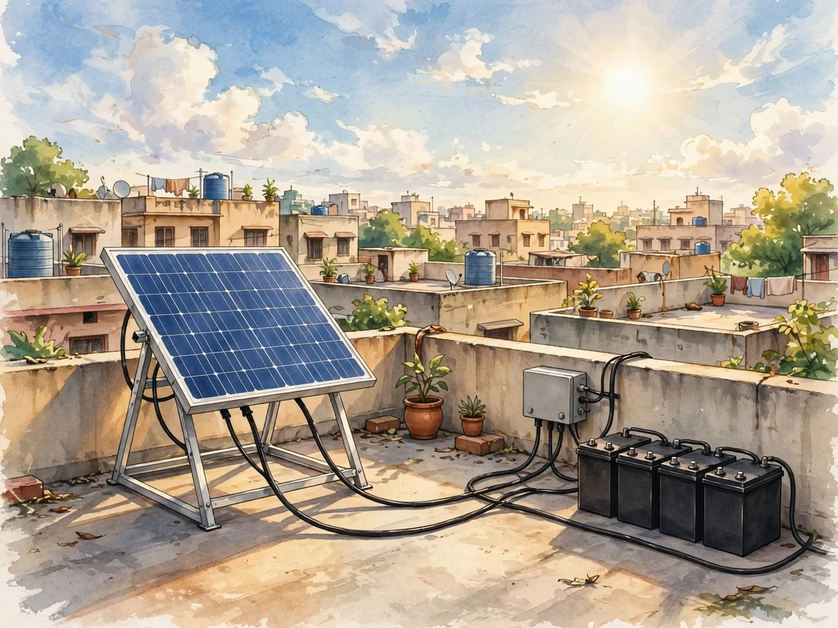 Illustration of a tilted solar panel on an Indian rooftop wired to a charge controller box and a row of batteries under bright sun.
