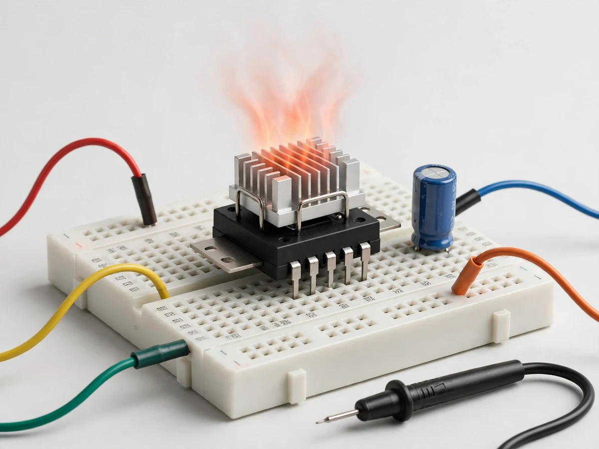 Illustration of a 7805 linear regulator with a clip-on heatsink on a breadboard, glowing with heat, beside a capacitor and jumper wires.
