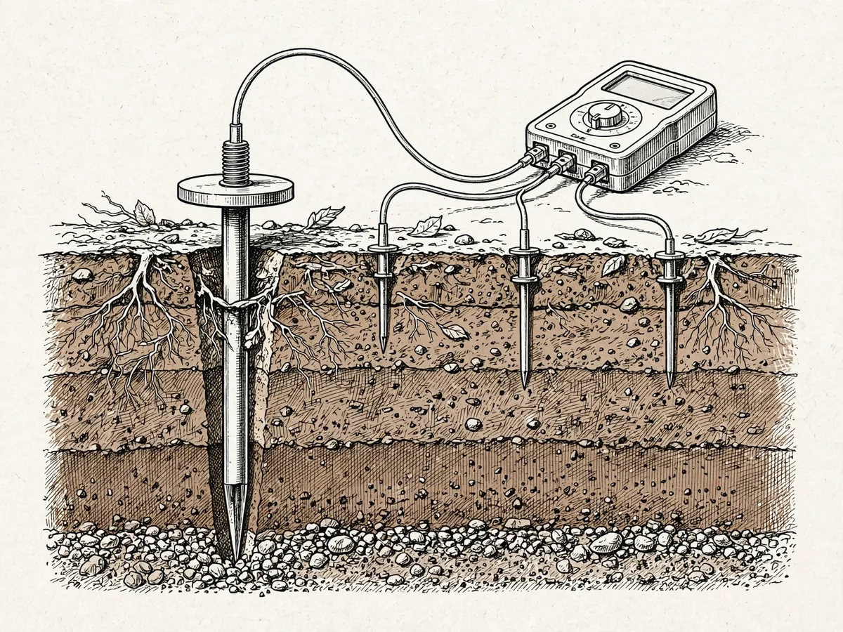 Illustration of a soil cross-section showing the fall-of-potential earth resistance test with an earth electrode, test spikes, and a hand-held earth tester.