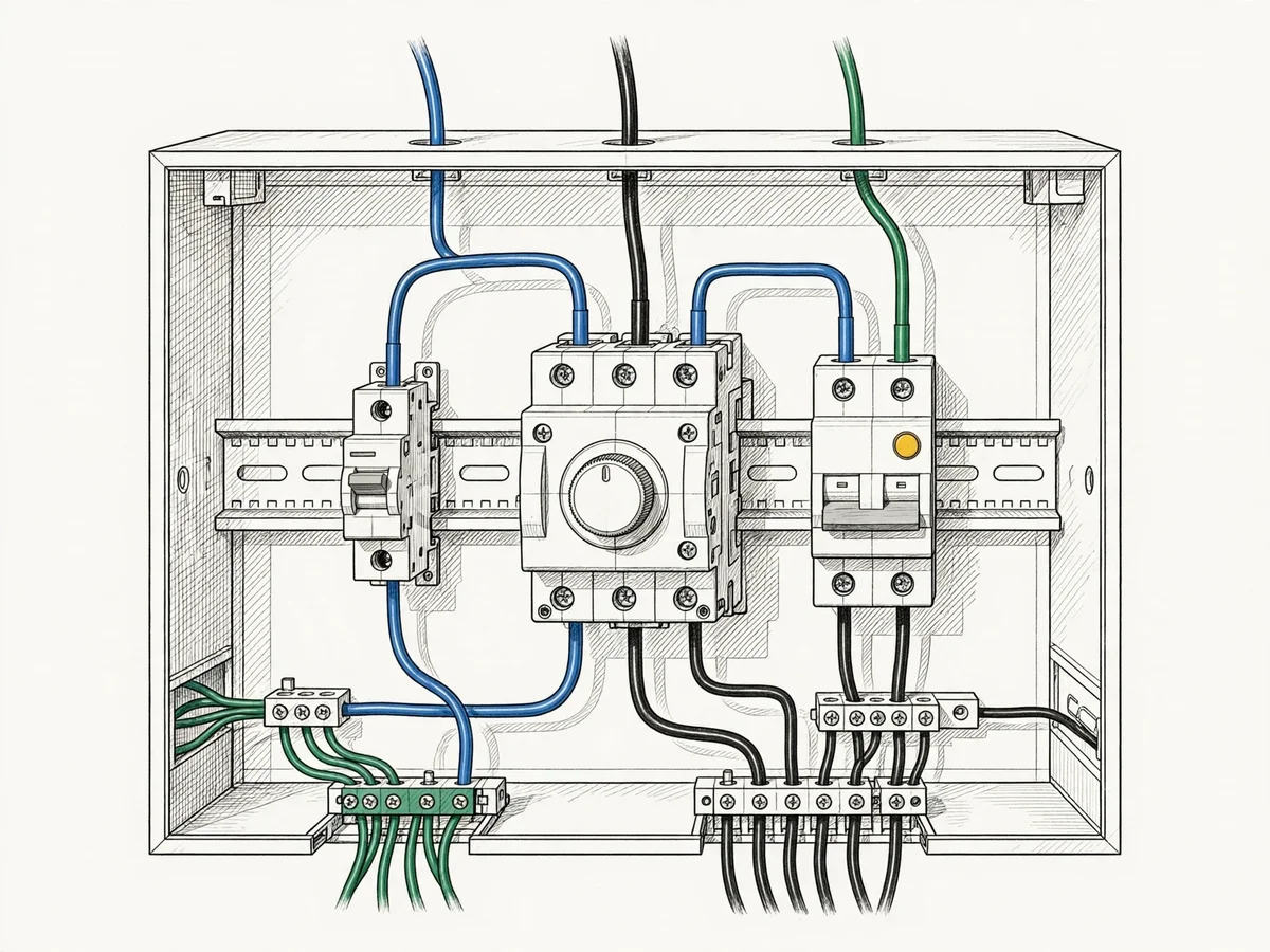 Illustration of an open electrical distribution panel with an MCB, an MCCB and an ELCB/RCCB on a DIN rail, with colour-coded phase, neutral and earth wiring.