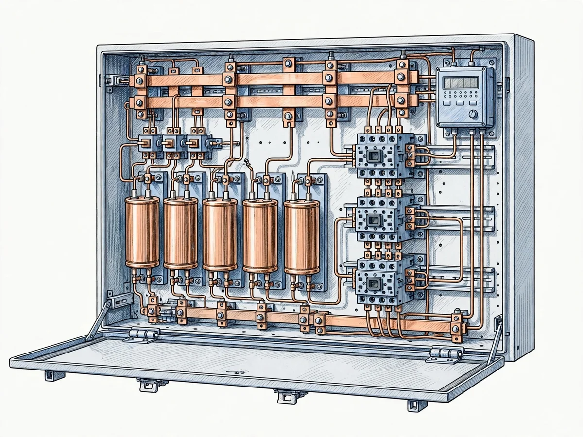 Illustration of an open industrial automatic power factor correction panel with capacitor cans, copper busbars, contactors and a power-factor controller.