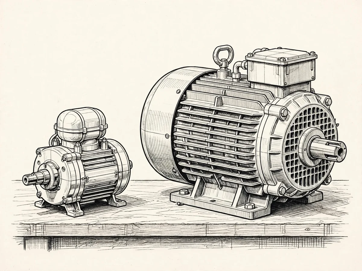 Illustration comparing a small single-phase capacitor-start motor and a larger three-phase squirrel-cage induction motor side by side on a workbench.
