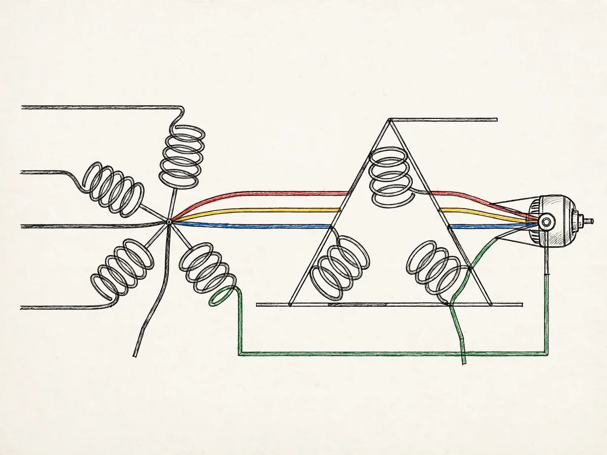 Illustration of star and delta three-phase winding connections with red, yellow and blue phase conductors, a green earth wire, and a three-phase motor.