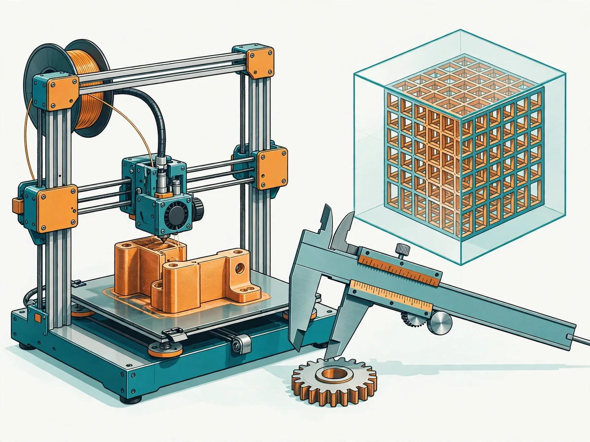 Illustration of an FDM 3D printer building a bracket, a vernier caliper measuring a printed gear, and a translucent cube showing internal infill lattice.