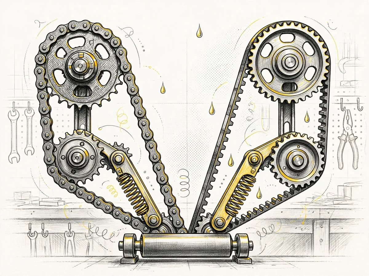 Illustration of a roller chain drive on sprockets beside a timing belt drive on pulleys, both driving a small conveyor roller.