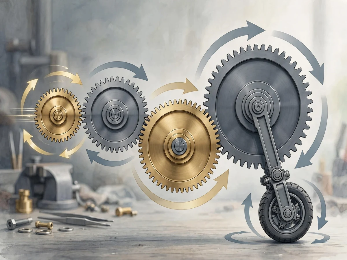 Illustration of meshing brass and steel gears in a reduction train driving a small robot wheel, with motion arrows showing speed reduction.