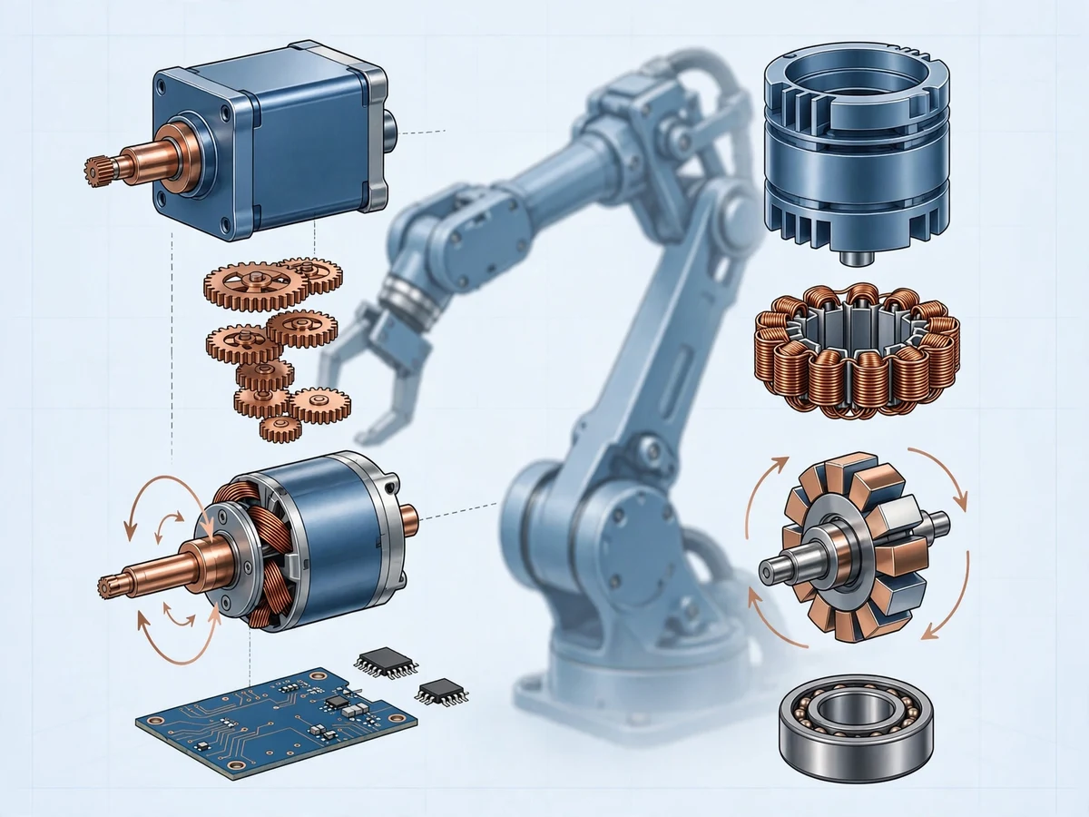 Illustration of an exploded hobby servo motor and stepper motor with visible coils, gears and a robotic arm joint in the background.