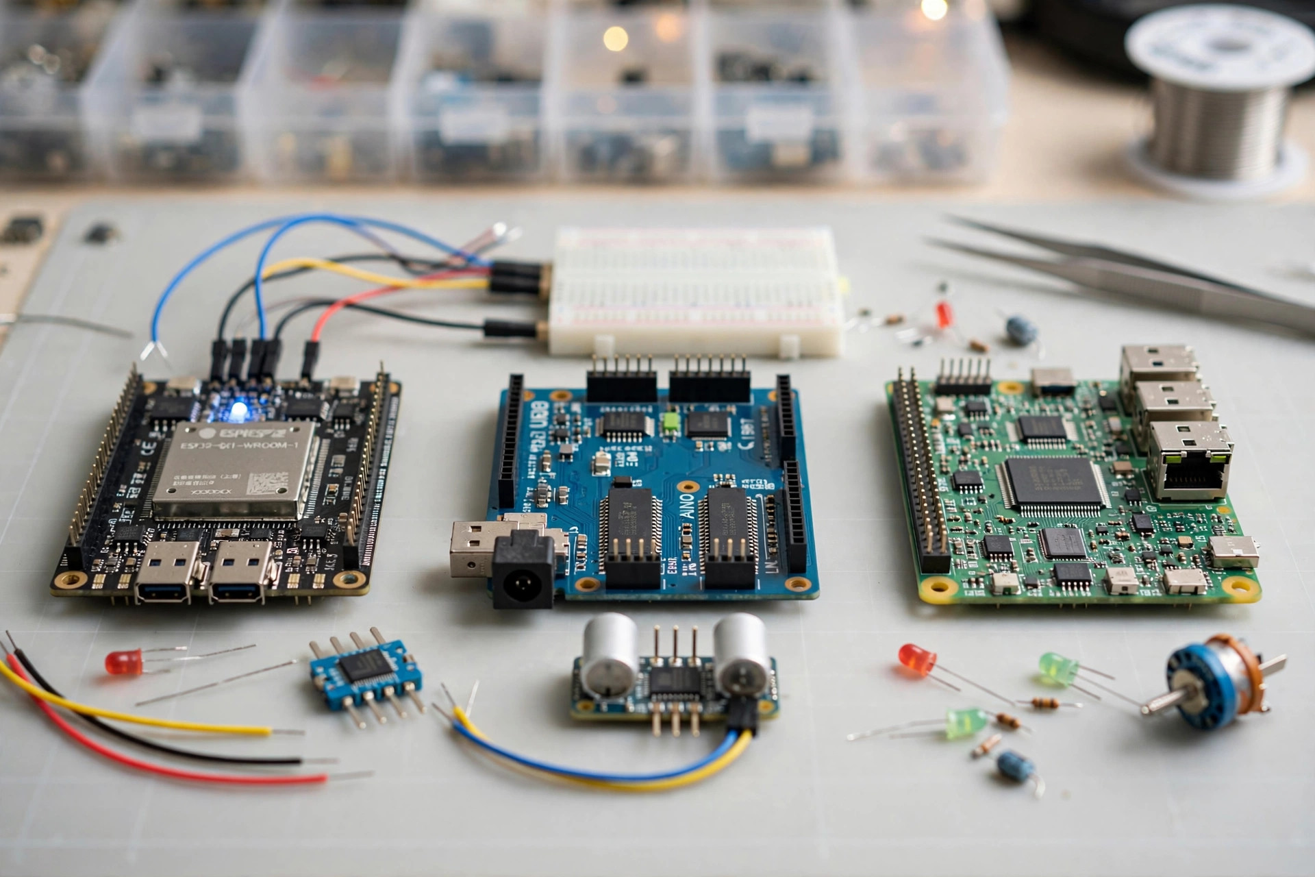 ESP32, Arduino Uno and Raspberry Pi boards compared side by side for final-year student IoT projects.
