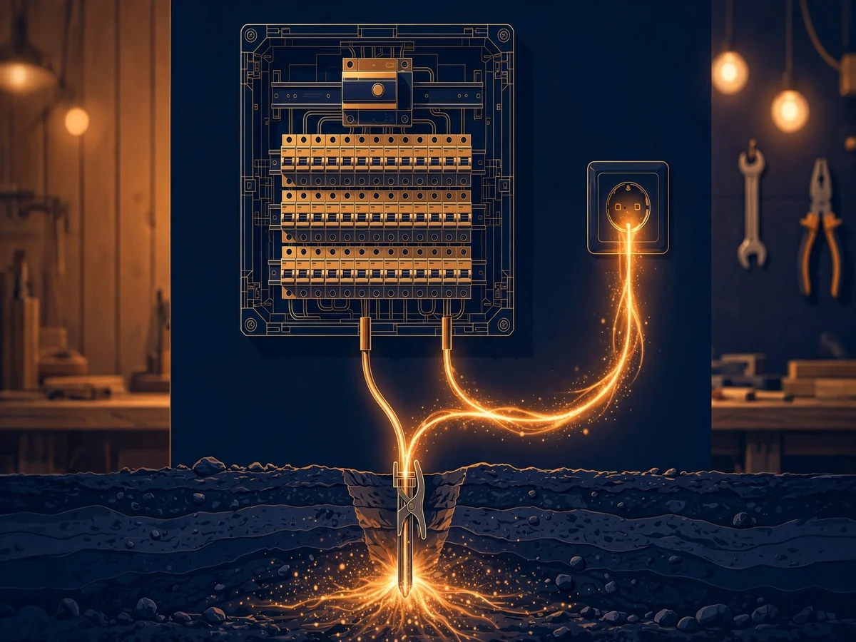 Illustration of a home distribution board with circuit breakers and an ELCB, glowing fault-current lines tracing an earth-leakage path down to an earthing electrode.