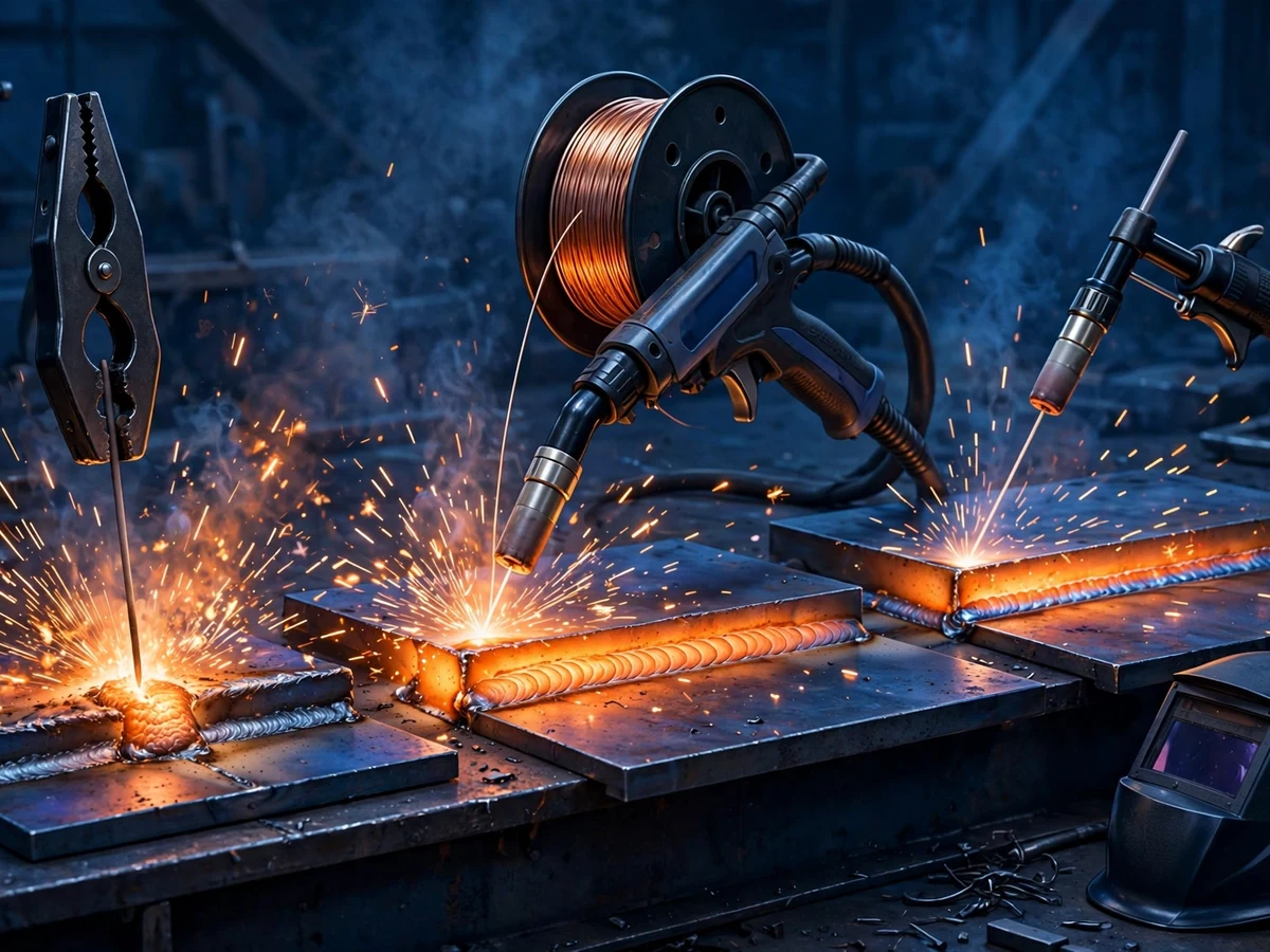 Editorial illustration of arc, MIG and TIG welding torches laying glowing weld beads on steel plates with sparks flying and a welding helmet nearby.