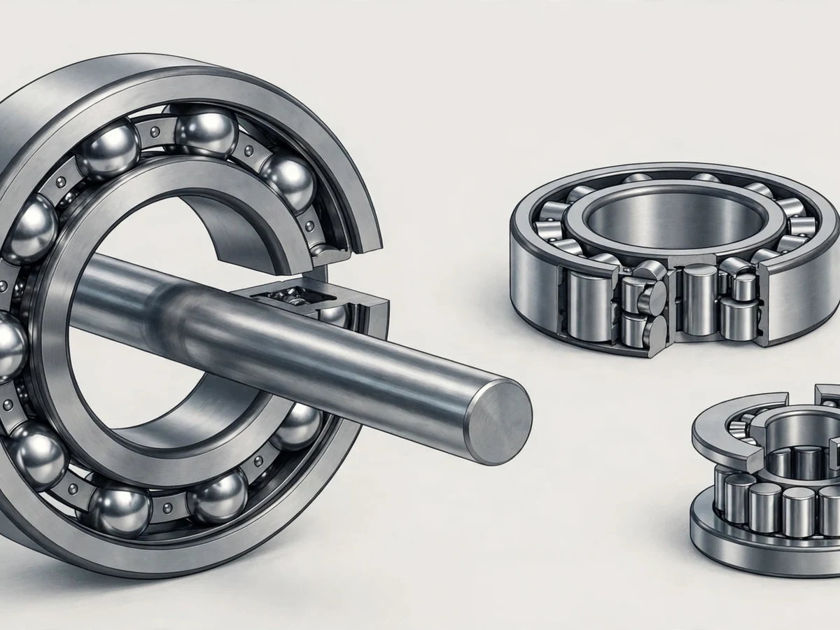 Editorial illustration of a cutaway deep-groove ball bearing with a steel shaft, alongside roller and thrust bearings on a light background.