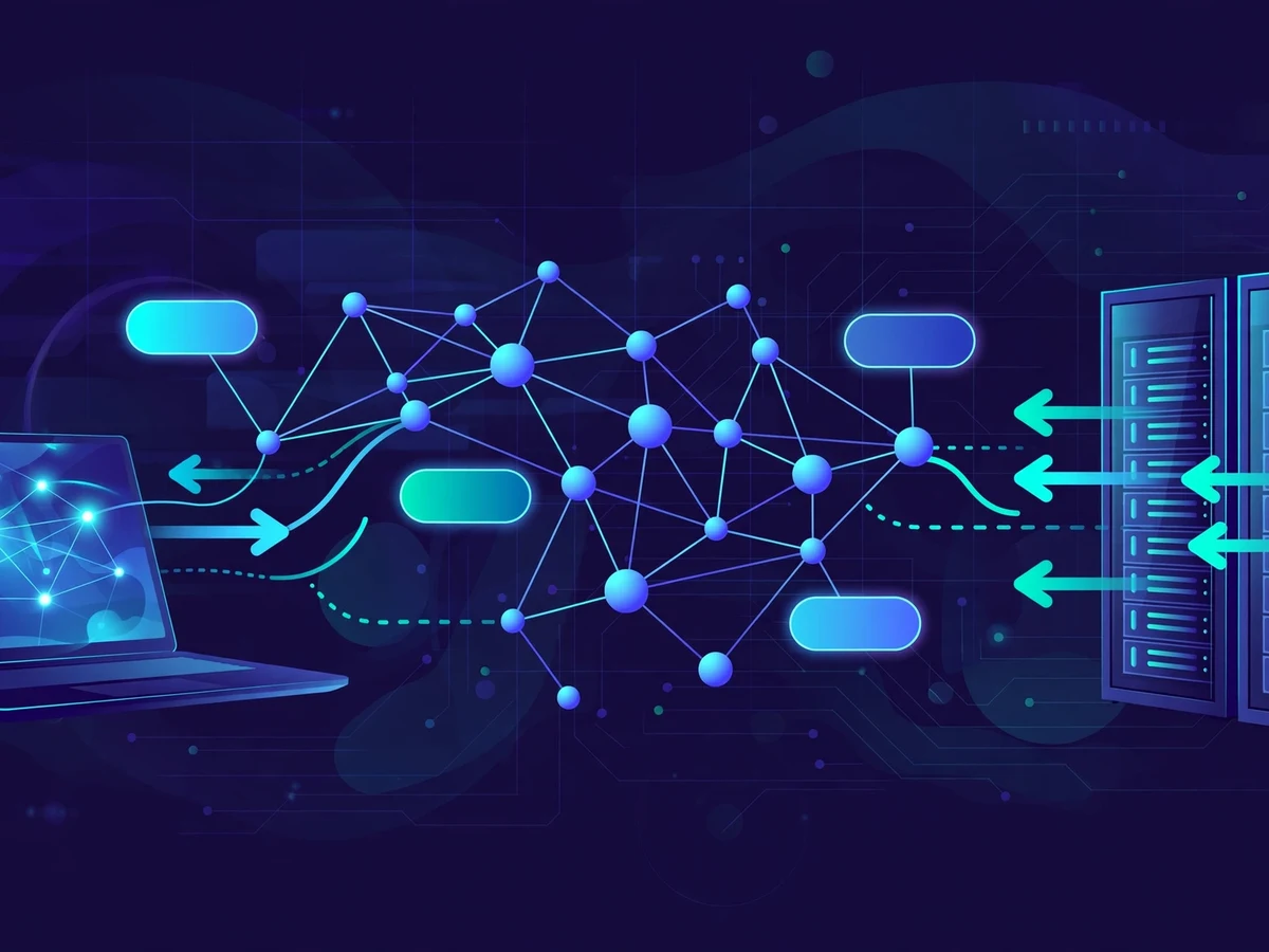Editorial illustration of a glowing API network with nodes and request arrows flowing between a laptop and server racks in indigo and cyan.