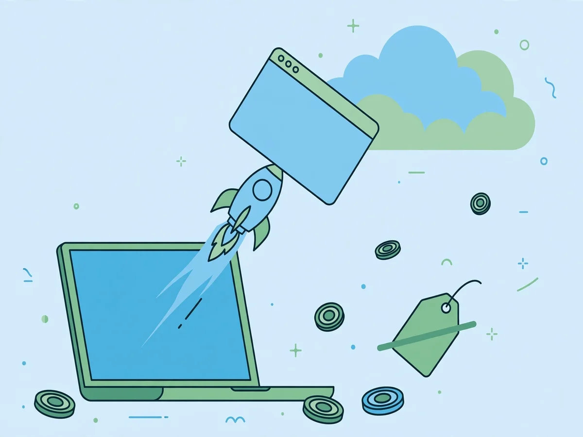 Illustration of free website hosting: a laptop with a rocket launching a browser window into a cloud, surrounded by coins and a crossed-out price tag.