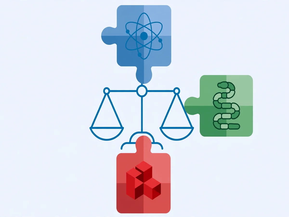 Illustration comparing three web frameworks: puzzle pieces with atom, snake and cube symbols arranged around a balance scale.