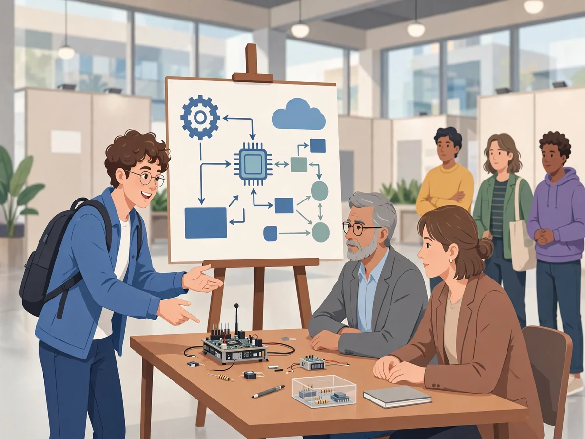Illustration of a student presenting a hardware prototype to judges at a demo-day exhibition stall with a poster board behind.