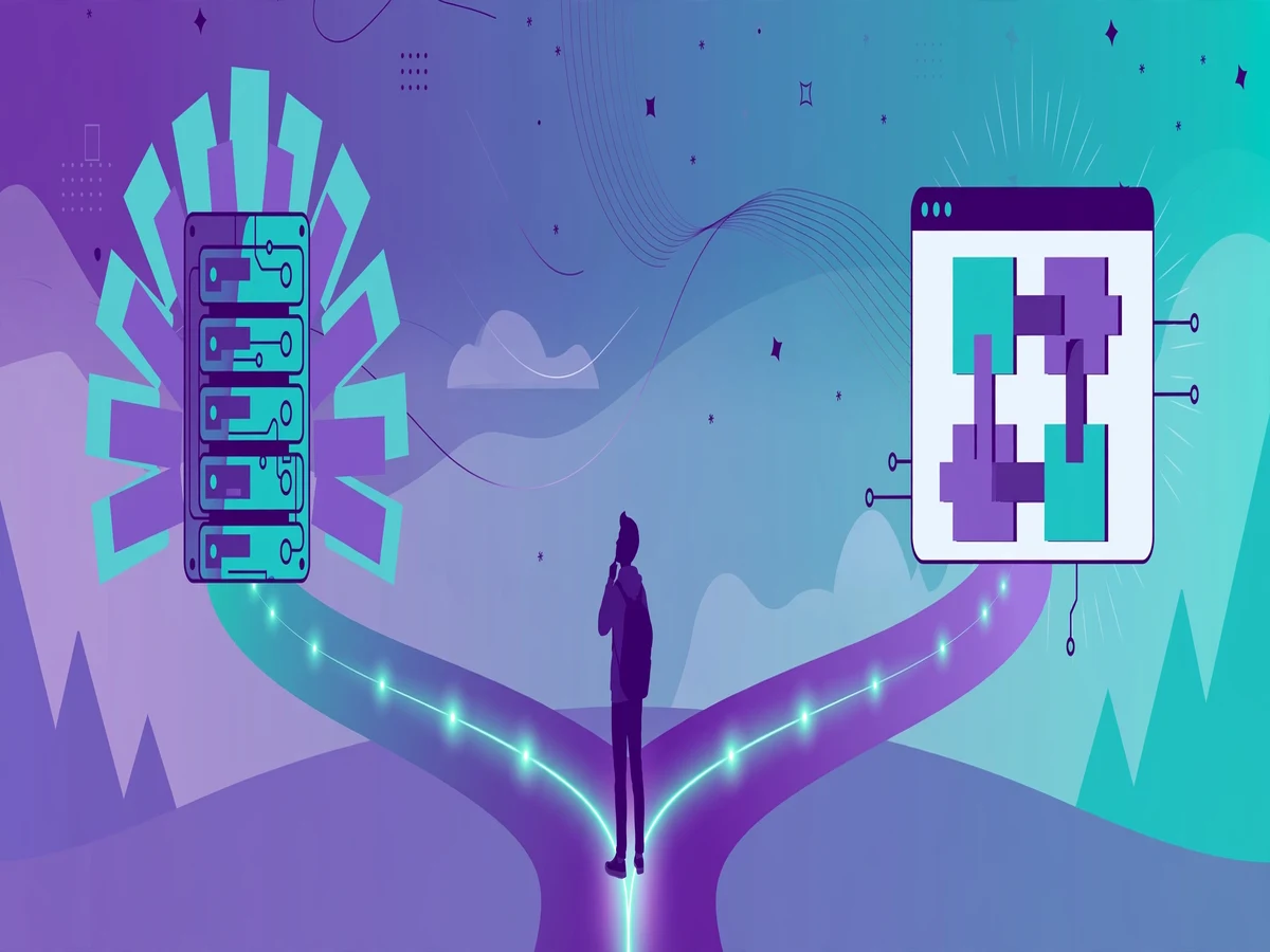 Illustration of a forked road with two glowing framework symbols, one side showing server-rendered pages and the other browser components.