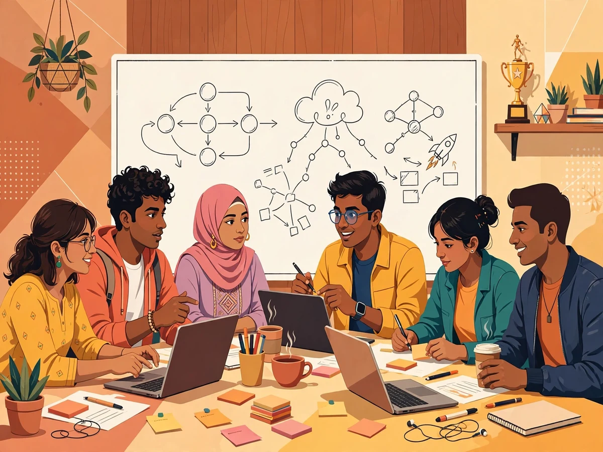 Illustration of a six-student hackathon team building around laptops with sticky notes and a whiteboard, trophy in the background.