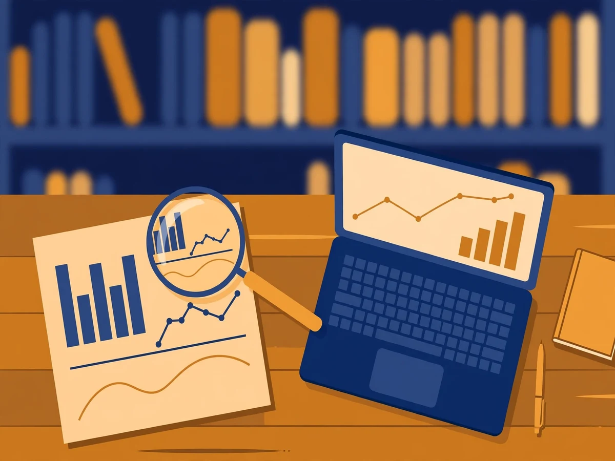 Illustration of a research paper with charts on a desk beside a laptop, a magnifying glass over the text and a bookshelf behind.