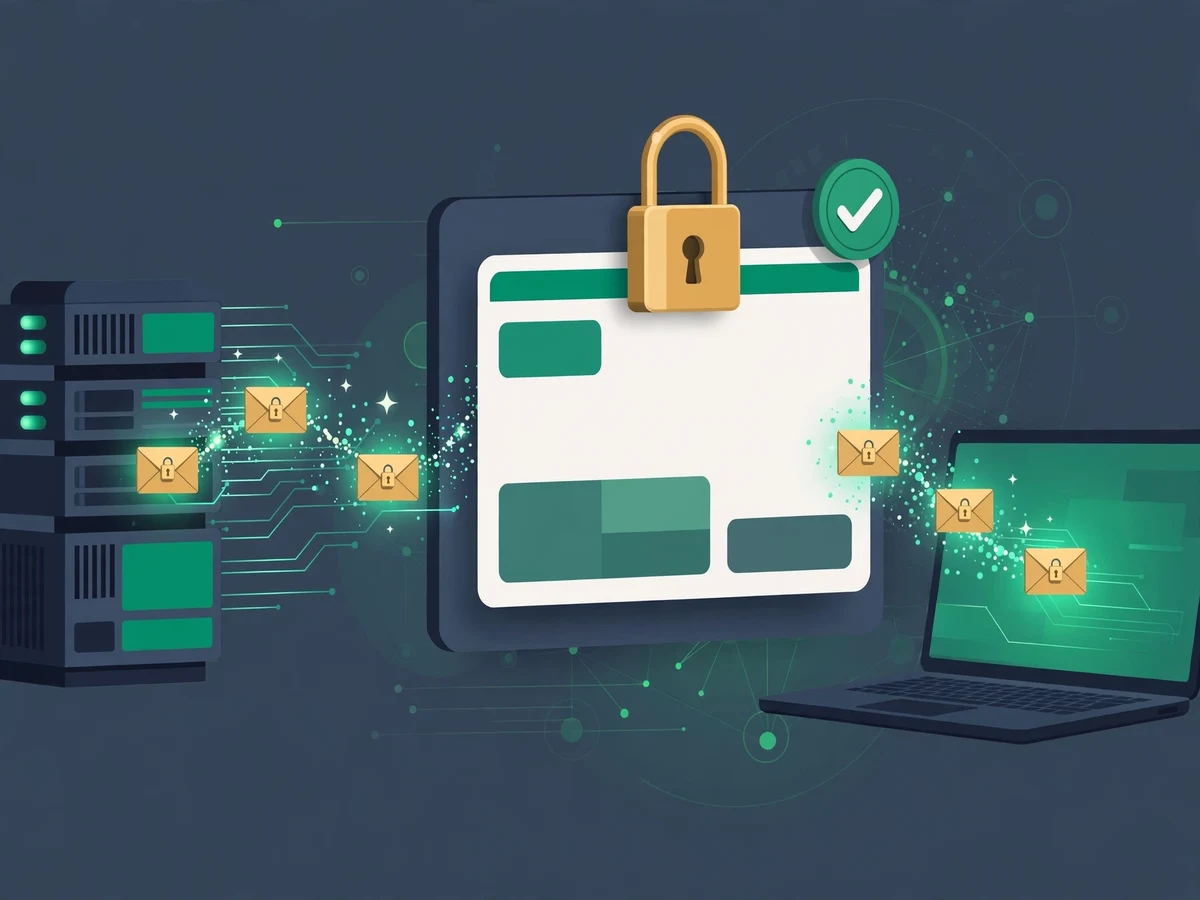 Illustration of a brass padlock securing a browser window with a green checkmark badge and encrypted data flowing between a server and a laptop.