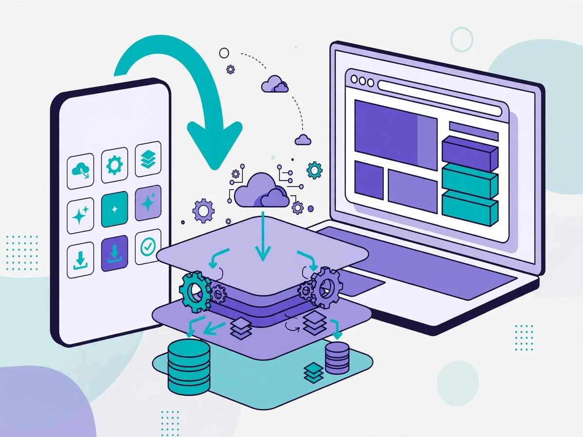 Illustration of a smartphone with app tiles and an install arrow beside a laptop browser window, with caching layers, gears and cloud symbols.
