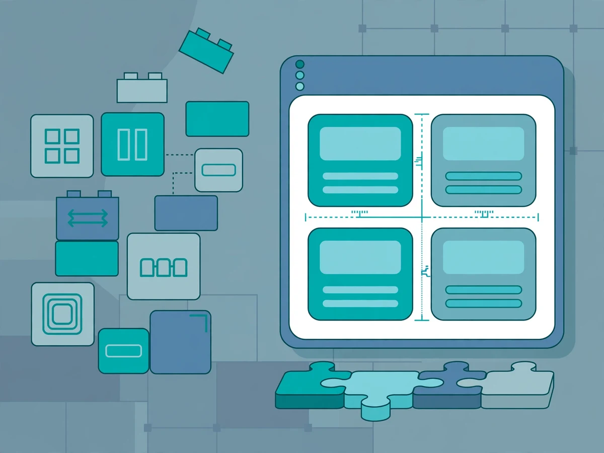 Illustration of a web page layout being assembled from utility-class building blocks, with a browser window showing a card grid and spacing guides.
