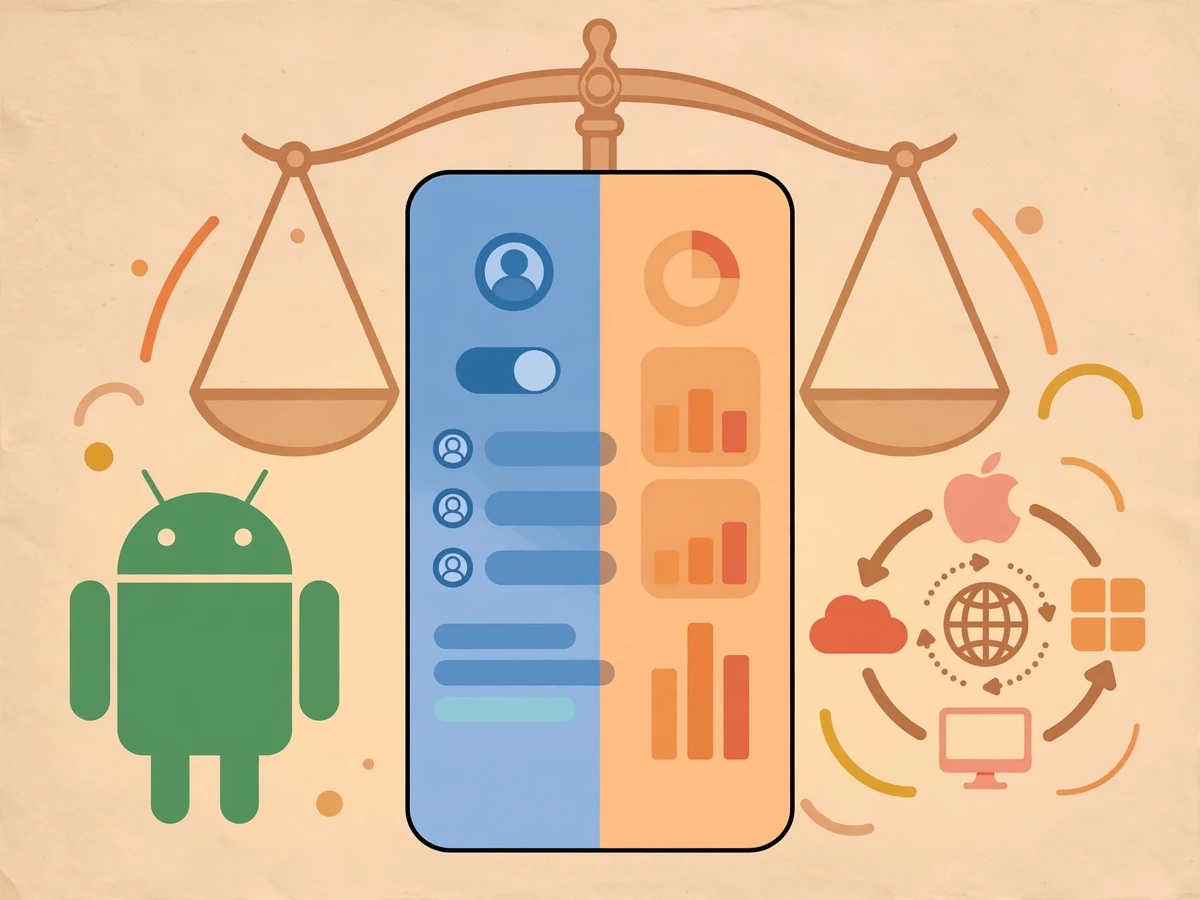 Illustration of a smartphone with a split screen comparing two app designs on a balance scale with Android and cross-platform motifs.