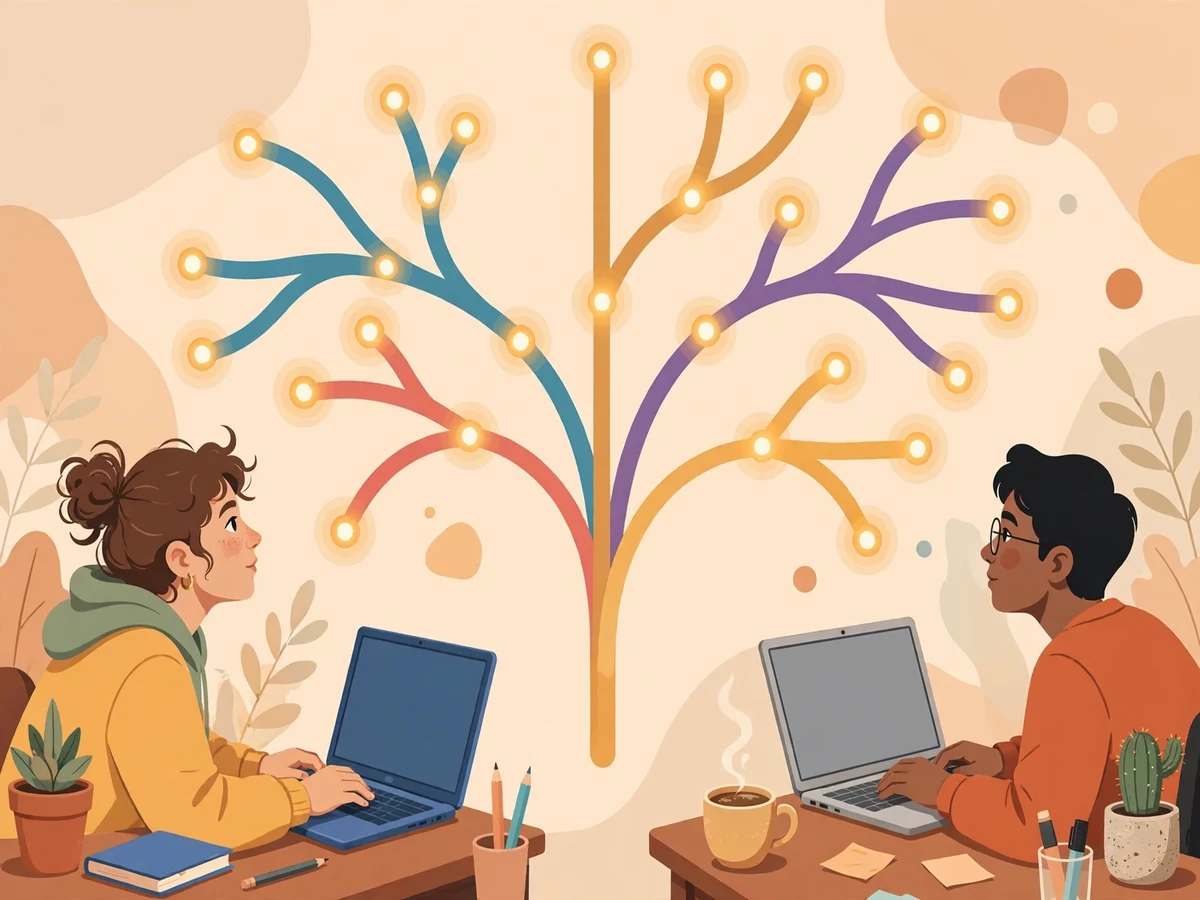 Illustration of two student collaborators with laptops and a colorful branching diagram of git branches merging together.