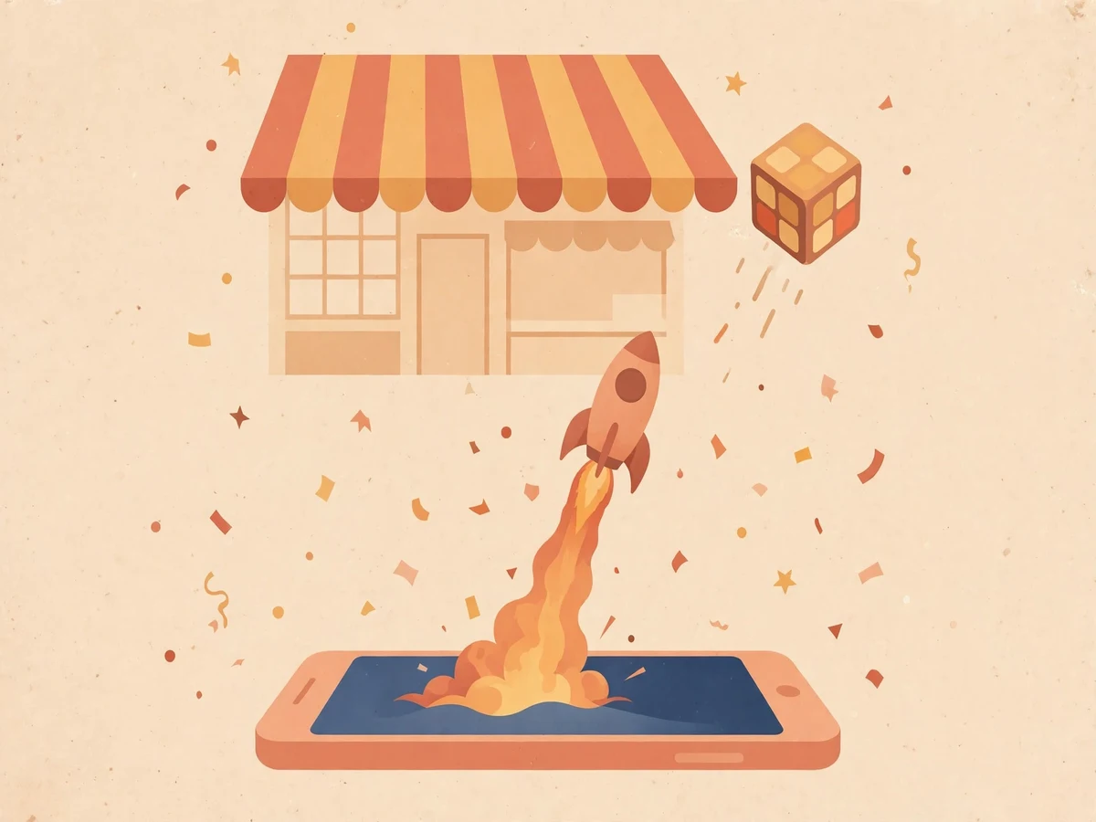 Illustration of a smartphone launching a rocket toward a storefront, representing publishing an app on the Play Store.