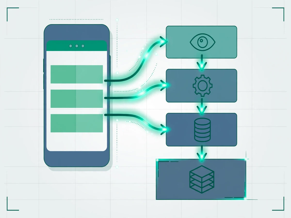 Illustration of a smartphone linked to layered architecture blocks representing the Model, ViewModel, View, and Repository.