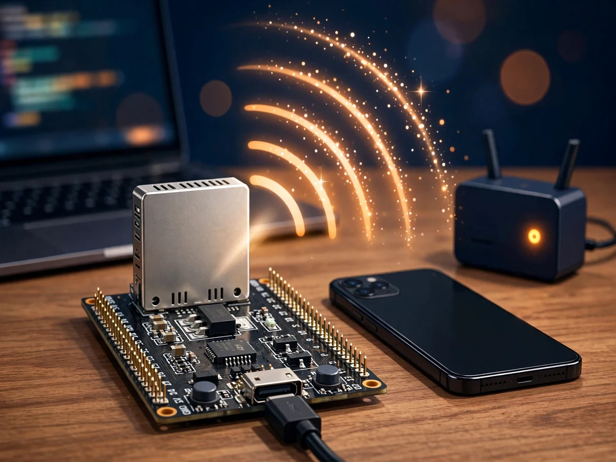 Illustration of an ESP32 development board radiating WiFi signals beside a smartphone and a WiFi router on a desk.