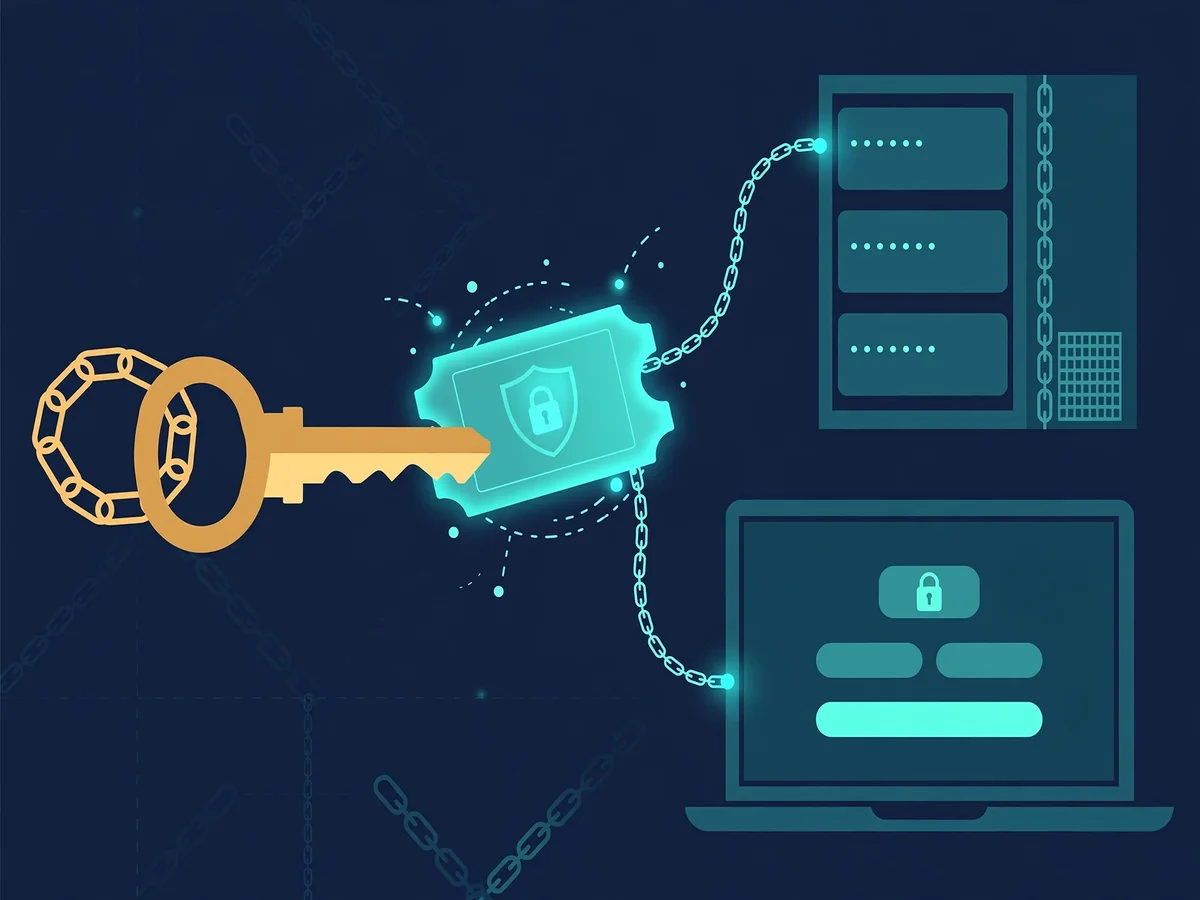Illustration of JWT authentication: a brass key handing a glowing sealed token to a server rack and a laptop login screen, linked by a chain motif.