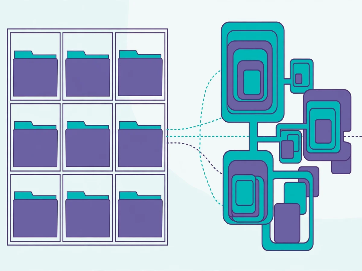 Illustration of SQL versus NoSQL: neat filing-cabinet table rows on one side against flexible nested document cards on the other, joined by dotted lines.