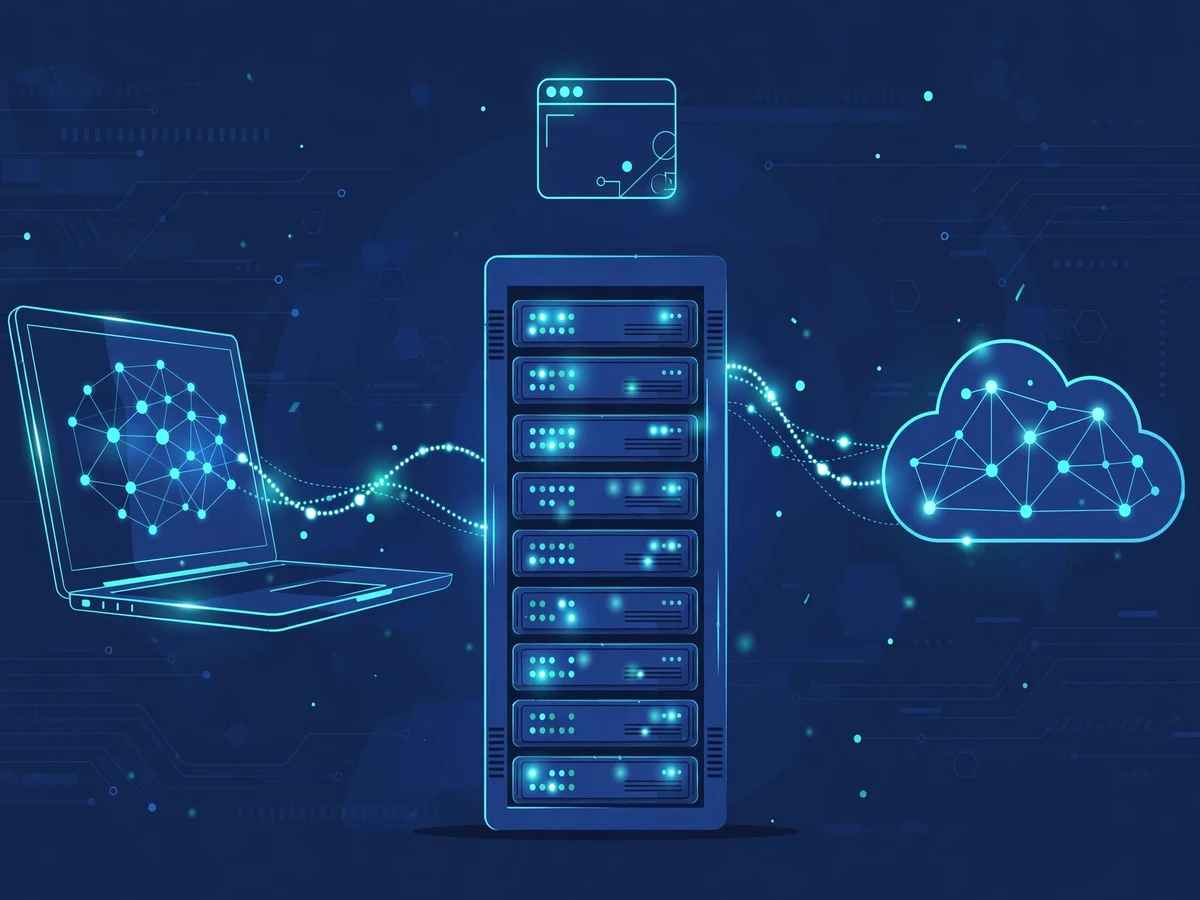 Illustration of a rack server with glowing nodes connected to a laptop and cloud symbols, deployment and terminal motif.