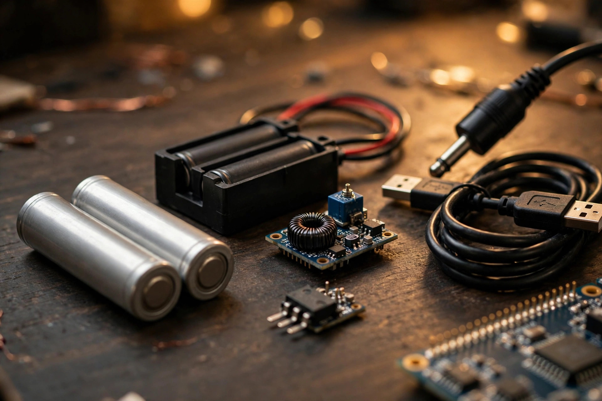 An ESP32, Arduino, and Raspberry Pi beside a DC adapter, 18650 battery, LiPo pack, buck converter, voltage regulator, multimeter, and motor arranged on a clean electronics workbench.