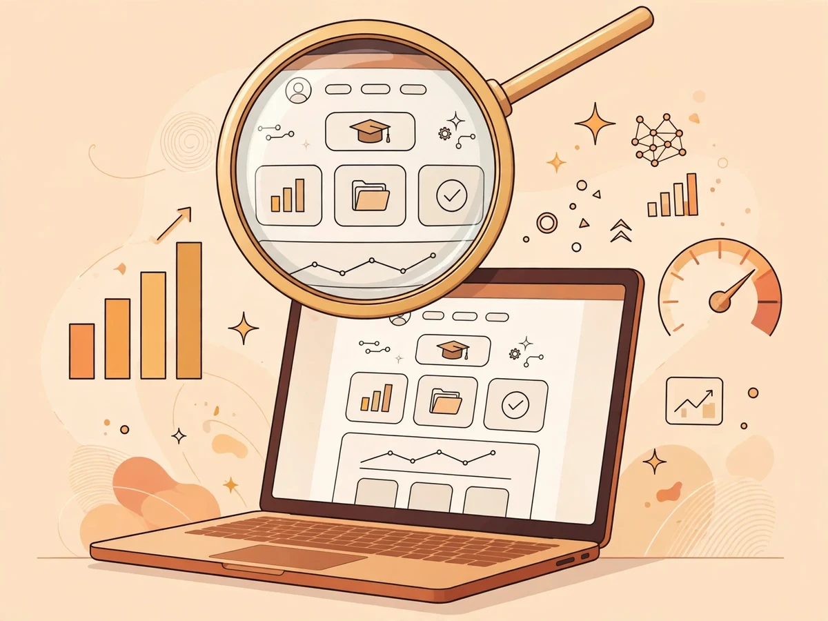 Illustration of a laptop showing a student project website with a magnifying glass, rising charts and a speedometer representing SEO basics.