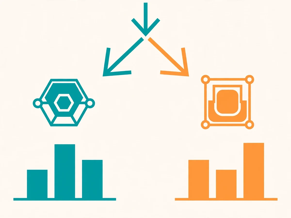 Illustration of A/B testing for ML models showing user traffic split between model A and model B with metric comparison charts deciding the winner.