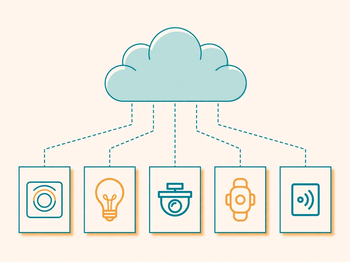 Illustration of ESP32 devices connecting over the internet to a cloud labeled AWS IoT Core, with device shadows, certificates and a rules engine routing data to storage.