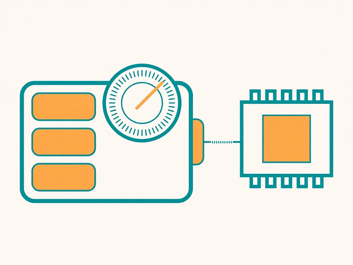 Illustration of a MAX17043 fuel gauge chip connected over I2C to a microcontroller, displaying a battery state-of-charge percentage gauge beside a lithium cell.