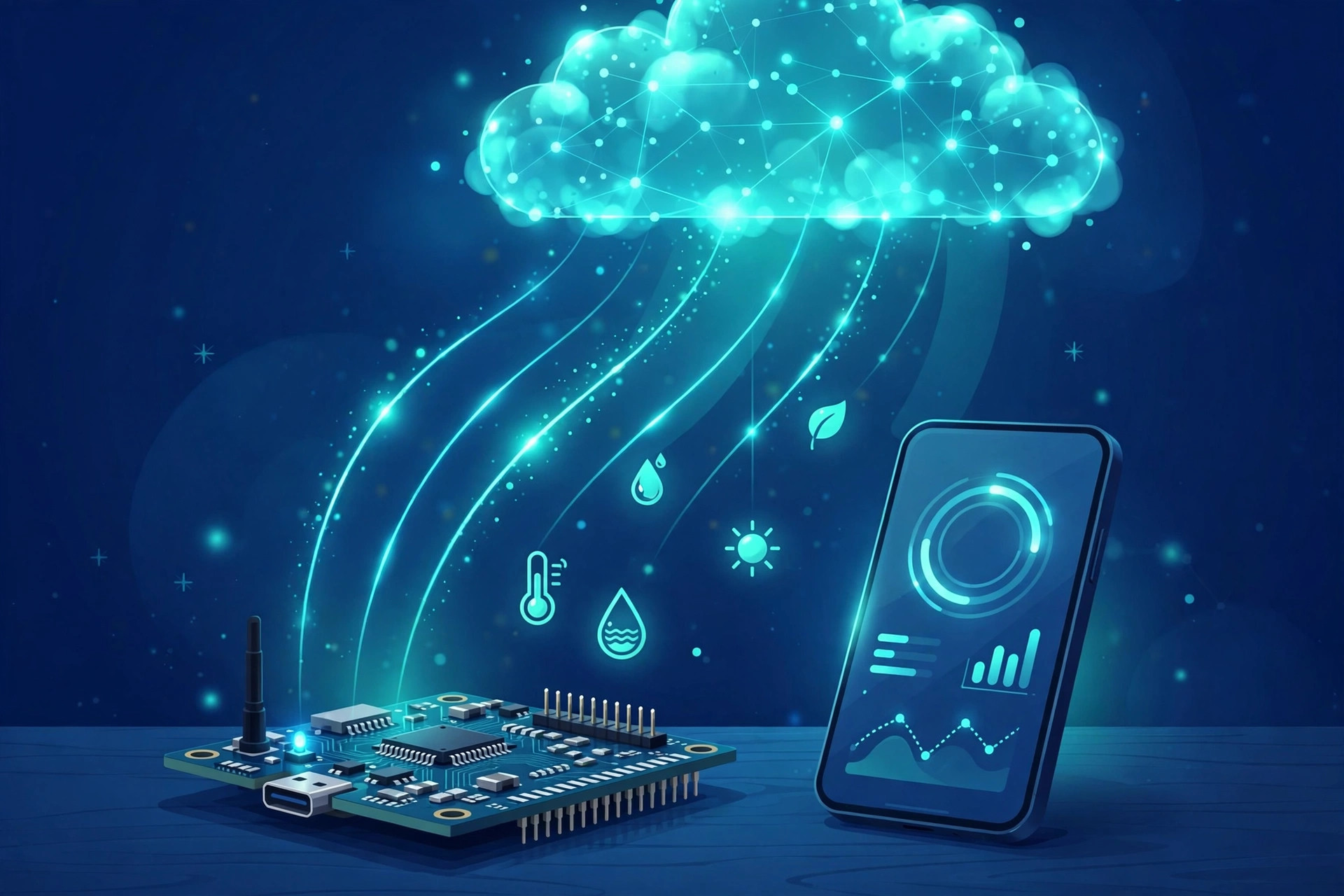An ESP32 board with Wi-Fi signals connecting to cloud icons for MQTT, Firebase, Blynk and ThingSpeak above a smartphone showing an IoT dashboard on a clean desk.