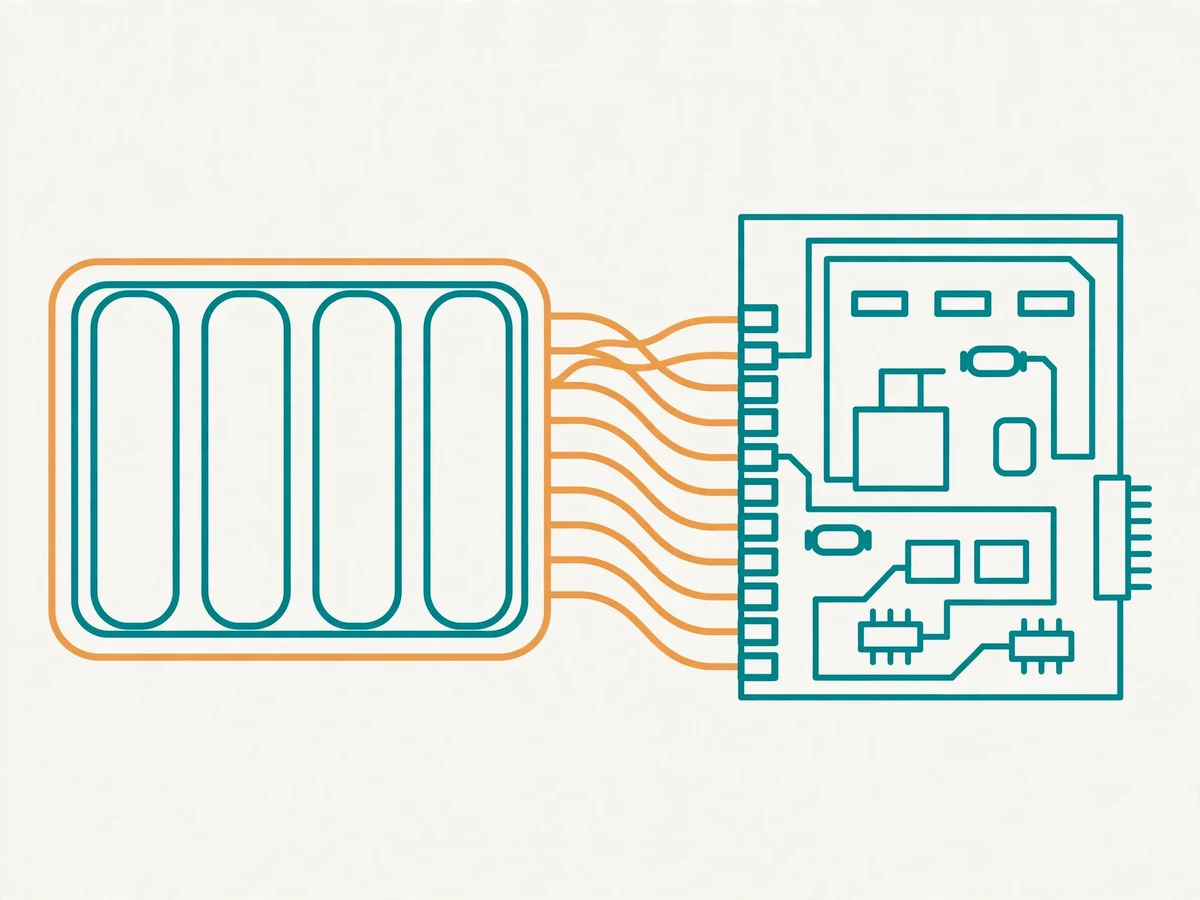 Illustration of a battery pack with a BMS circuit board, showing cell monitoring wires, protection features, and balancing indicators.