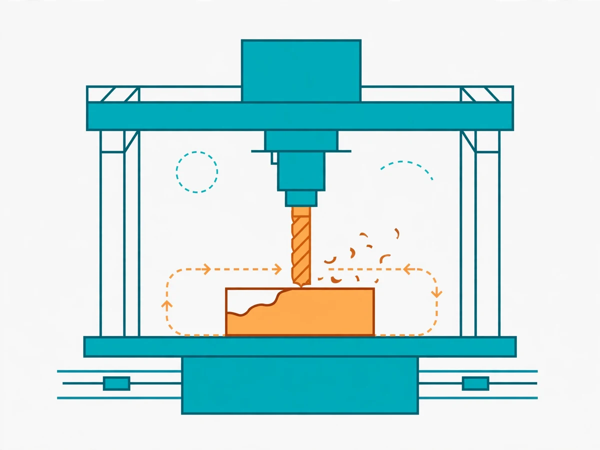 Illustration of a CNC milling machine cutting an aluminium part held in a vice, with callouts for work coordinates, spindle speed, feed rate and cutting tools.