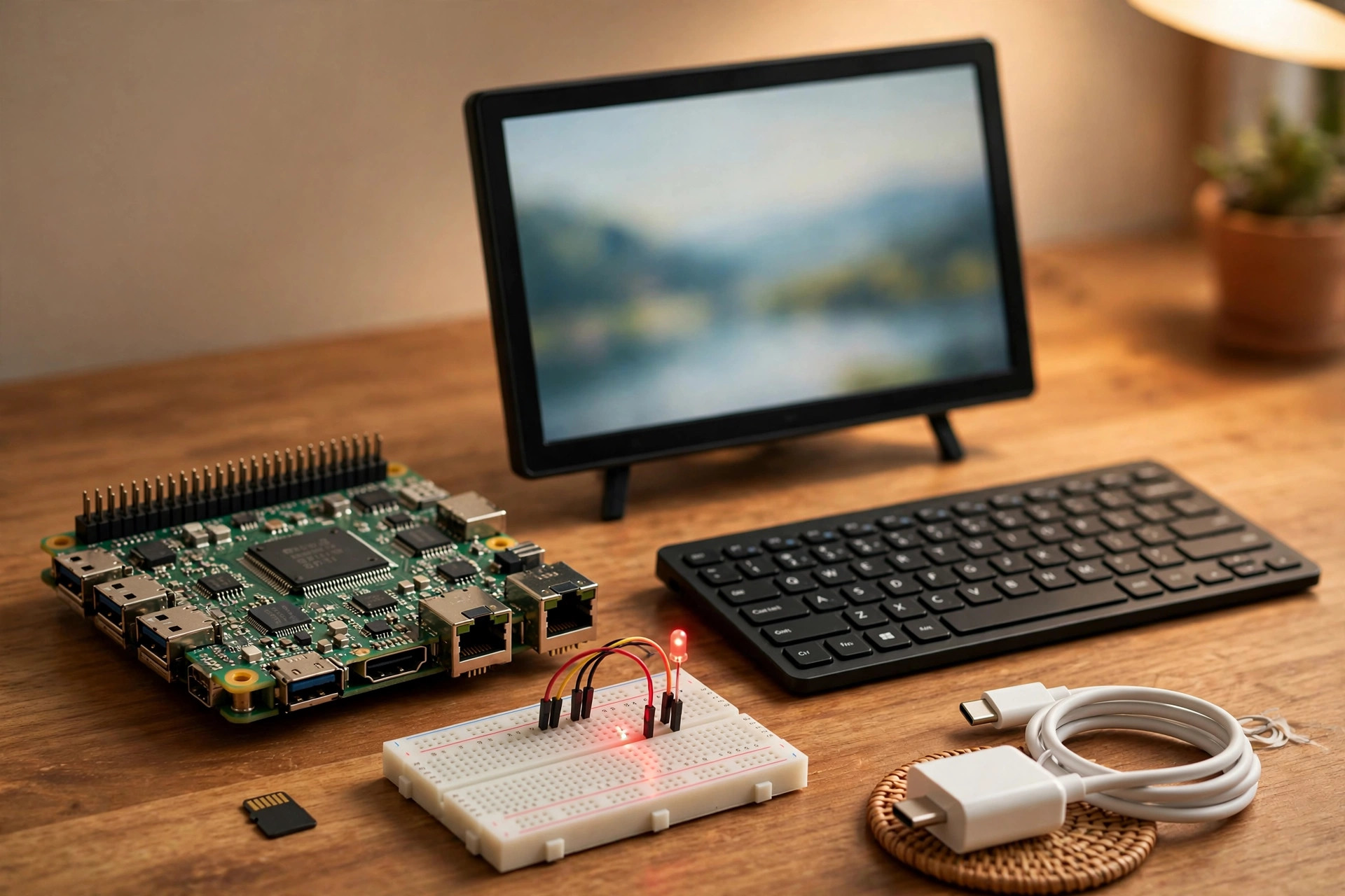Raspberry Pi board connected to a breadboard LED with a microSD card, power supply and basic peripherals arranged on a clean electronics workbench with no text overlays.