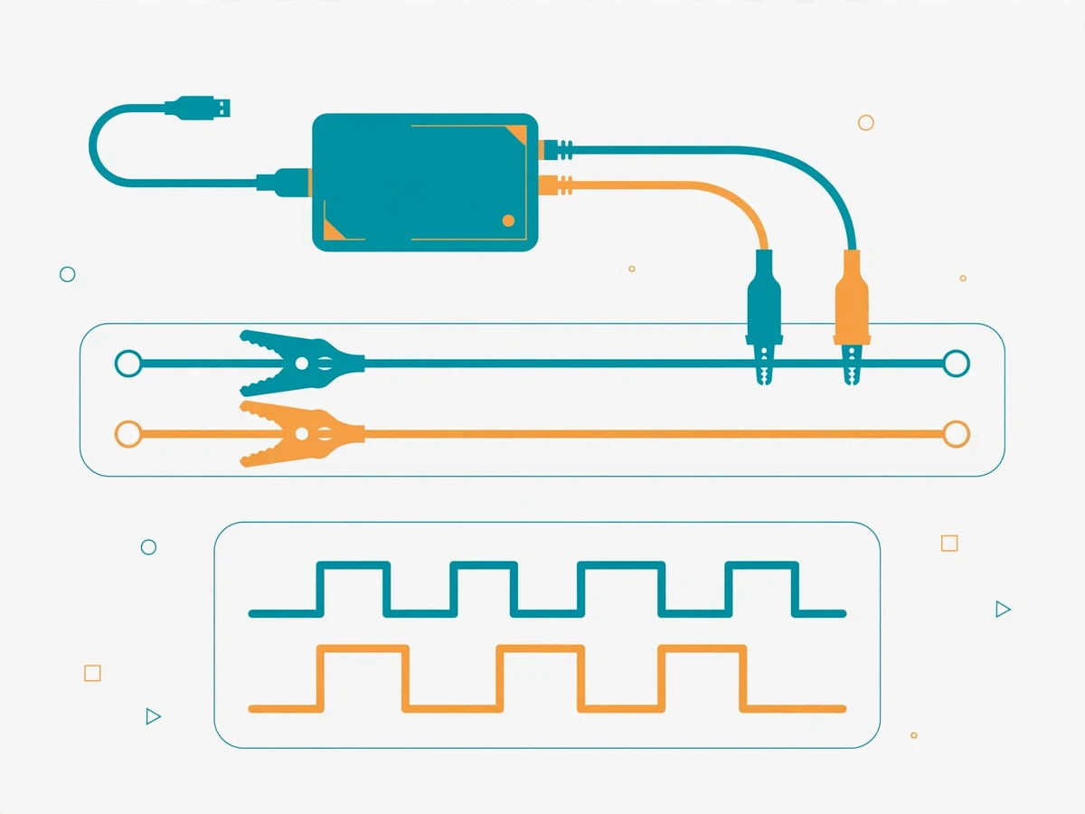 Illustration of a logic analyzer capture showing I2C start, address, ACK, data bytes and stop conditions on SDA and SCL lines.
