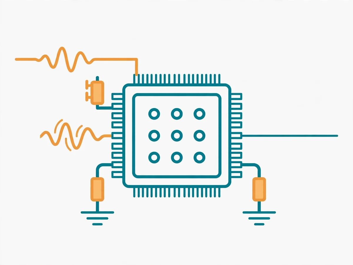 Illustration of an IC with decoupling capacitors placed close to its power pins, showing correct versus incorrect placement with current loop diagrams.