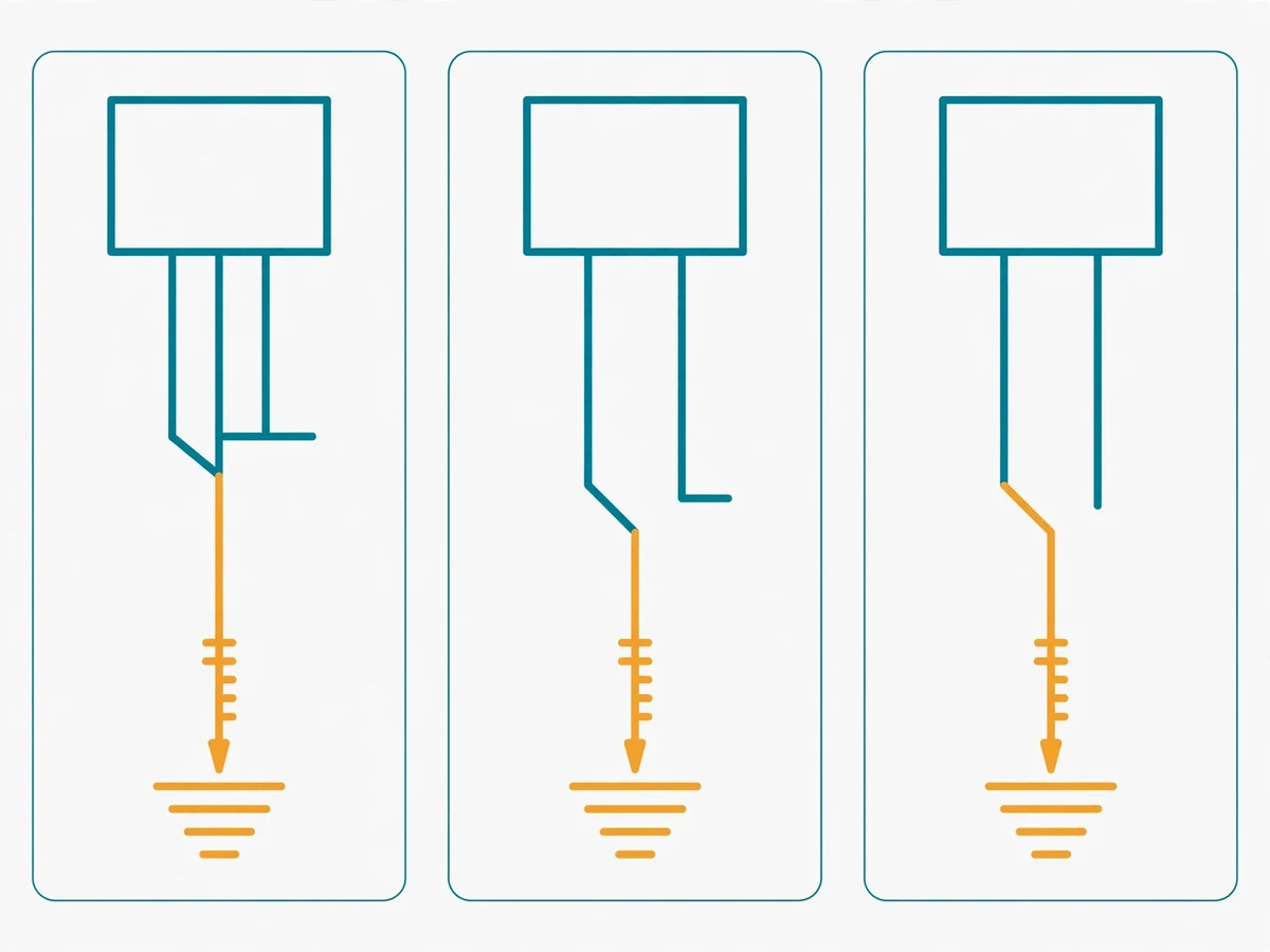 Illustration of the three earthing systems: TN with a protective conductor back to the transformer neutral, TT with a local earth electrode, and IT with an isolated source.